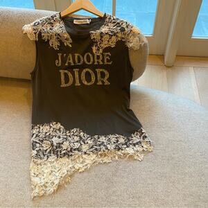 christian Dior J’Adore Logo Tank M Gray Lace Asymmetrical Cotton Runway 2025